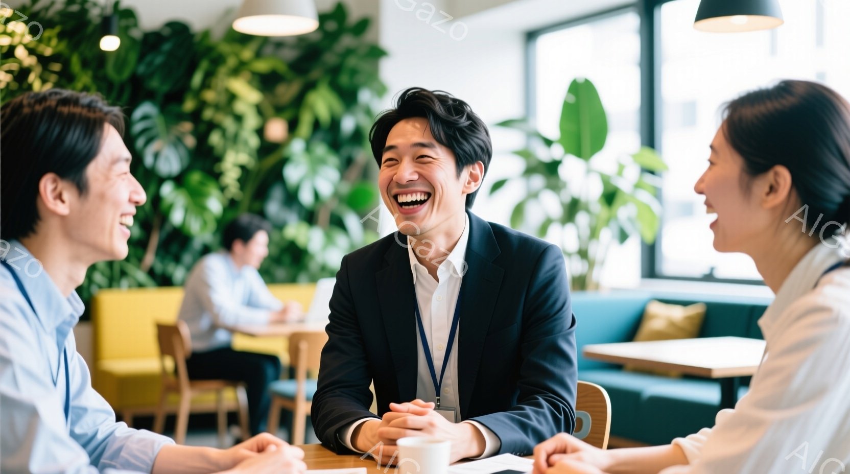 室内でビジネスシーンの会話をしている様子が写っている。中央の男性は紺色のジャケットに白いシャツ姿で、満面の笑みを浮かべている。背景には他の人物や緑豊かな植物が見え、明るく開放的な雰囲気が感じられる。 - AI生成フリー素材