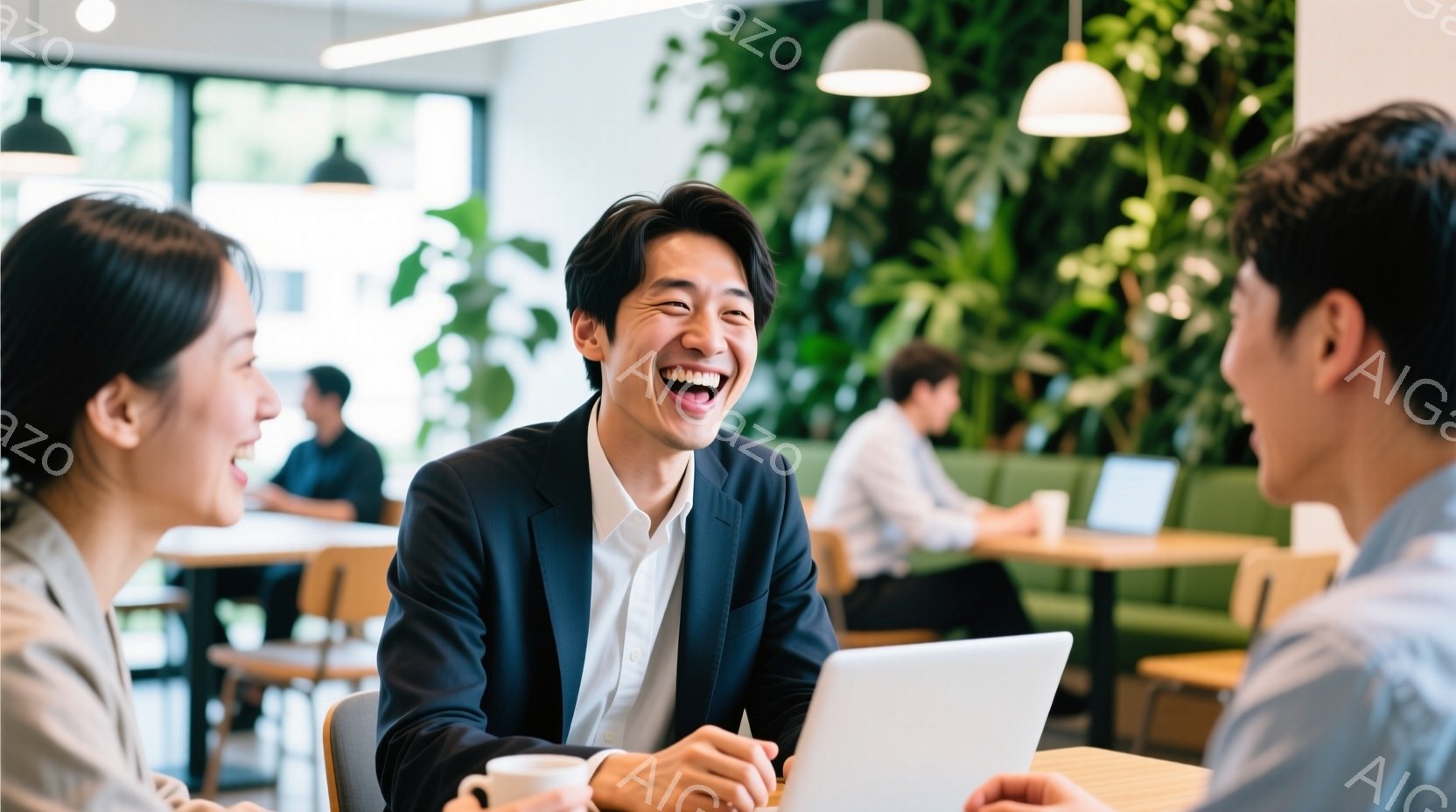３人のビジネスマンとビジネスウーマンがカフェで打ち合わせをしている様子が写っている。中央の男性はスーツを着ており、満面の笑みを浮かべている。背景には緑の植物が配置され、明るく開放的な雰囲気が漂っている - AI生成フリー素材