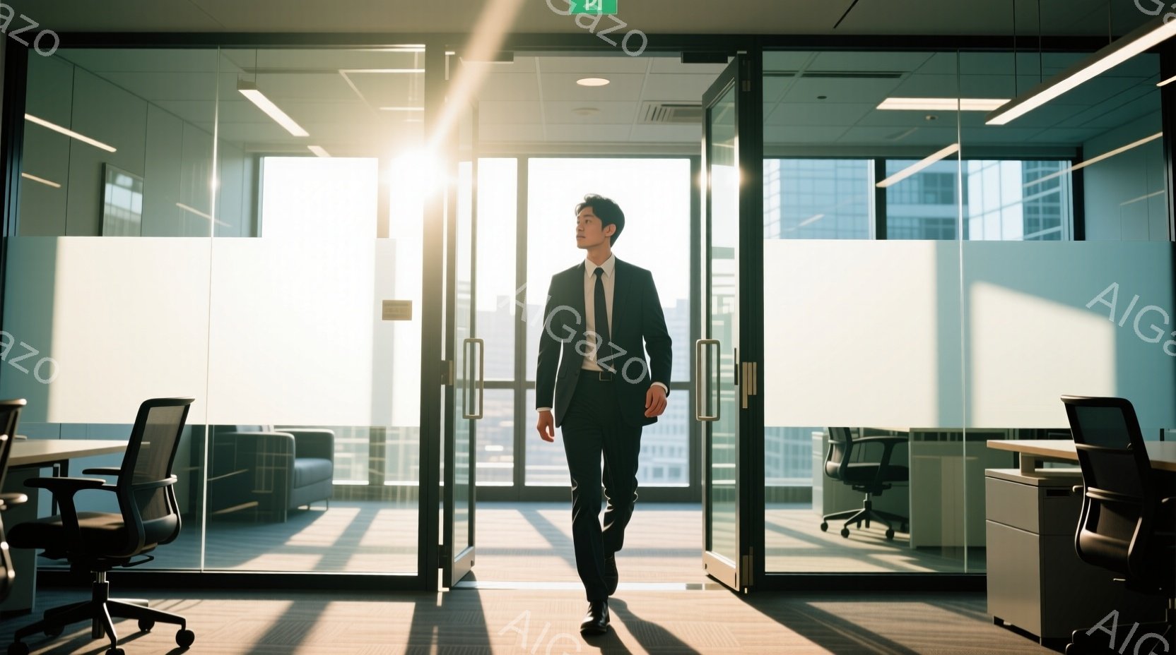 スーツを着た男性がオフィスビルのガラスドアから歩き出ようとしている様子が写っている。彼は黒いスーツにネクタイを締め、髪型は短く整えられている。背景には高層ビル群が広がり、太陽光が差し込み、全体的に明るく希望に満ちた雰囲気を作り出している。
