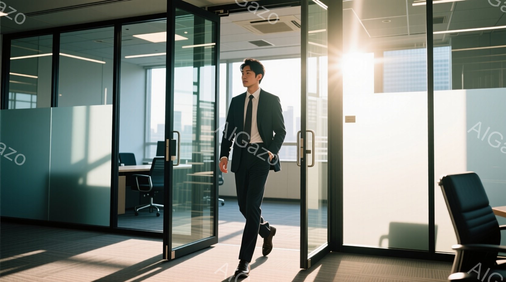 ビジネスマンがオフィス内を歩いている。彼は黒いスーツとネクタイを着用し、髪型は短く整えられている。背後にはガラス張りのオフィスと、窓から差し込む強い光が見え、モダンで明るい雰囲気である。 - AI生成フリー素材