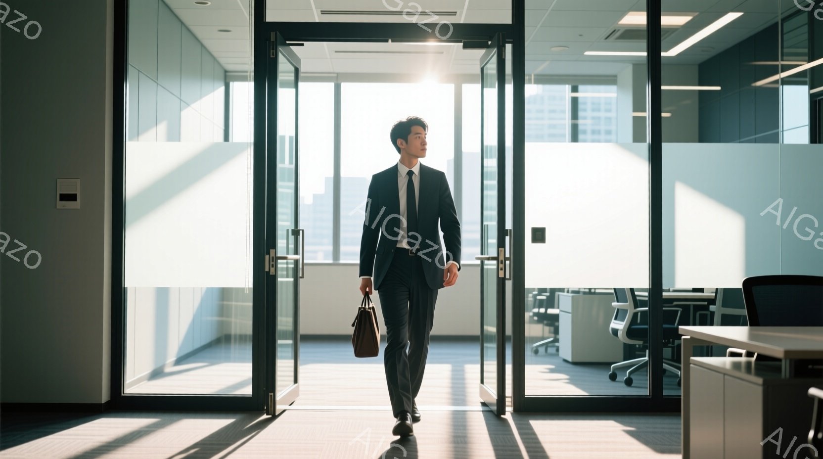 スーツを着た男性が、ガラス張りのドアからオフィス内に入っていくところを捉えた写真です。彼は黒いスーツにネクタイを締め、茶色のブリーフケースを持っています。背景にはオフィス内のデスクや椅子が見え、外には高層ビル群が広がり、晴天の空が広がっています。