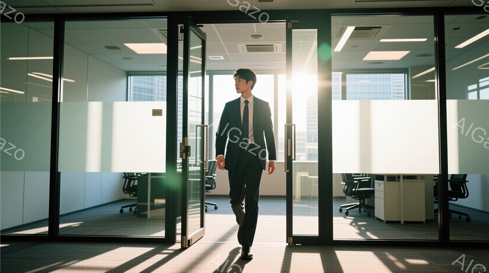 スーツを着た男性が、ガラス張りのオフィススペースの入り口を歩いて入る瞬間を捉えた写真です。彼は黒いスーツにネクタイを締め、短髪で、真剣な表情で前を見据えています。背景にはオフィス内のデスクや椅子が見え、光が差し込み、モダンで洗練された雰囲気を醸し出しています。