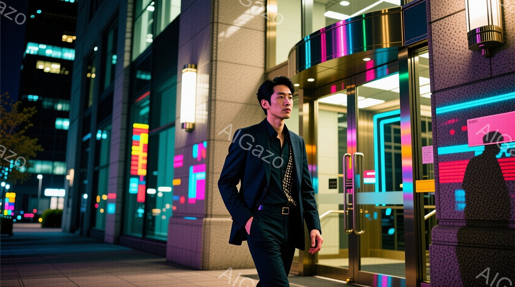 若い男性が、夜の街でネオンライトが輝くビルの前に立っている。彼は黒のスーツにネクタイ、光沢のある靴を履いており、髪型は短く整えられている。彼の姿勢は自信に満ちており、どこか先を見つめるような表情をして - AI生成フリー素材