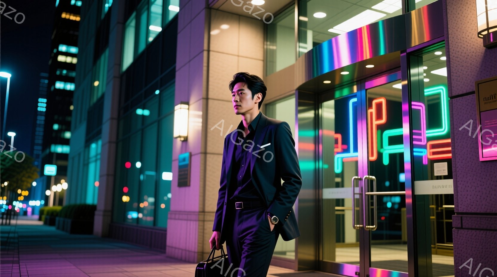 スーツを着た男性が夜の街を歩いている。彼は黒いスーツに白いシャツ、そしてネクタイを締めており、髪型は短く整えられている。背景には光り輝くビルやネオンサインがあり、夜の洗練された雰囲気を醸し出している。