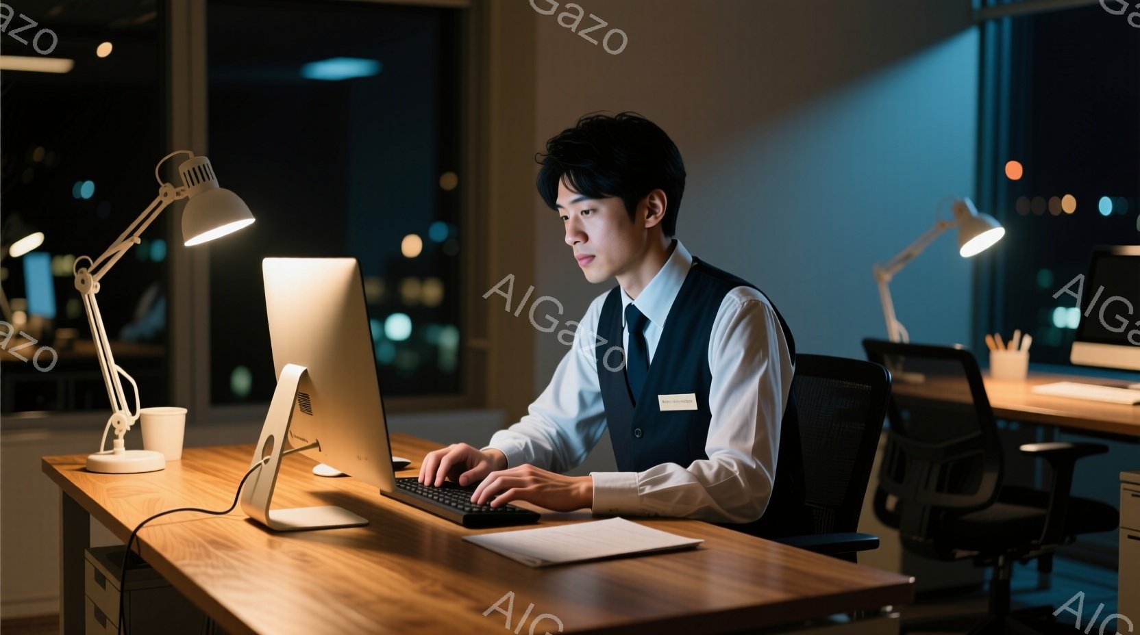 一人の男性が、明るいデスクライトの下でコンピューターに向かっている。彼は白シャツにベスト、ネクタイという服装で、真剣な表情でキーボードを操作している。背景はオフィスの一室で、夜景が見える窓と他のデスクがぼやけて見える。