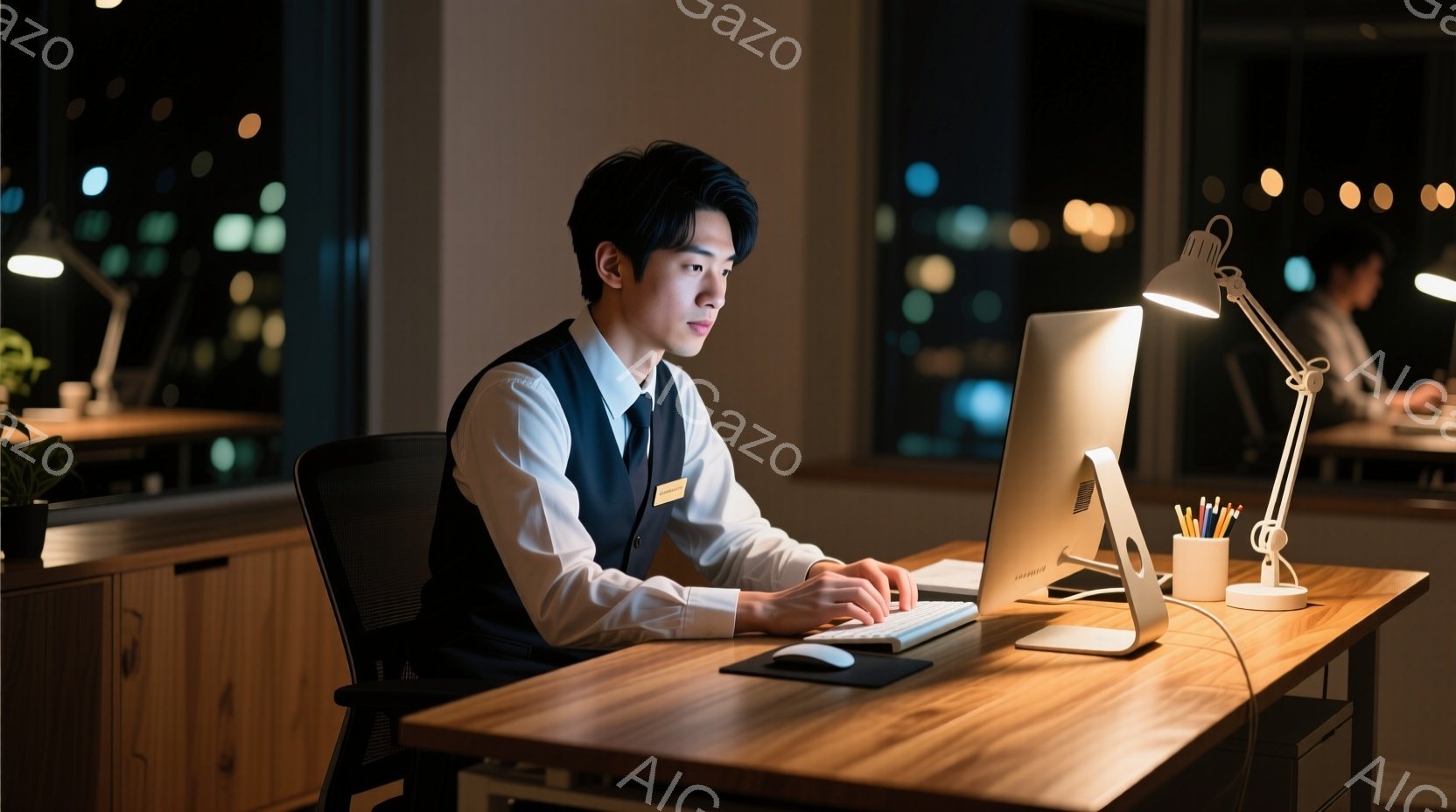 一人の男性がオフィスでパソコンに向かって作業している。彼は白いシャツに黒いベスト姿で、黒髪を短く整えている。背景には夜景がぼんやりと見え、室内はデスクライトの光で照らされ、集中して仕事に取り組む雰囲気が漂っている。