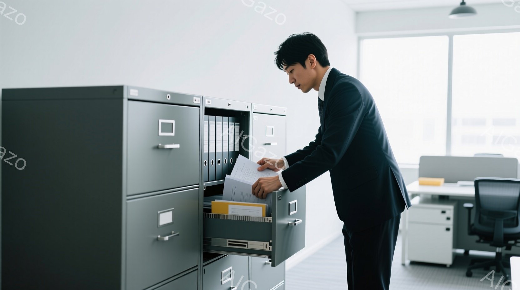 紺色のスーツを着た男性が、金属製のファイルキャビネットの引き出しを開けて書類を探している。彼は黒髪で、やや前かがみの姿勢で集中して書類を選んでいる様子が伺える。背景には、オフィススペースと明るい自然光が見え、全体的に清潔で落ち着いた雰囲気が漂っている。