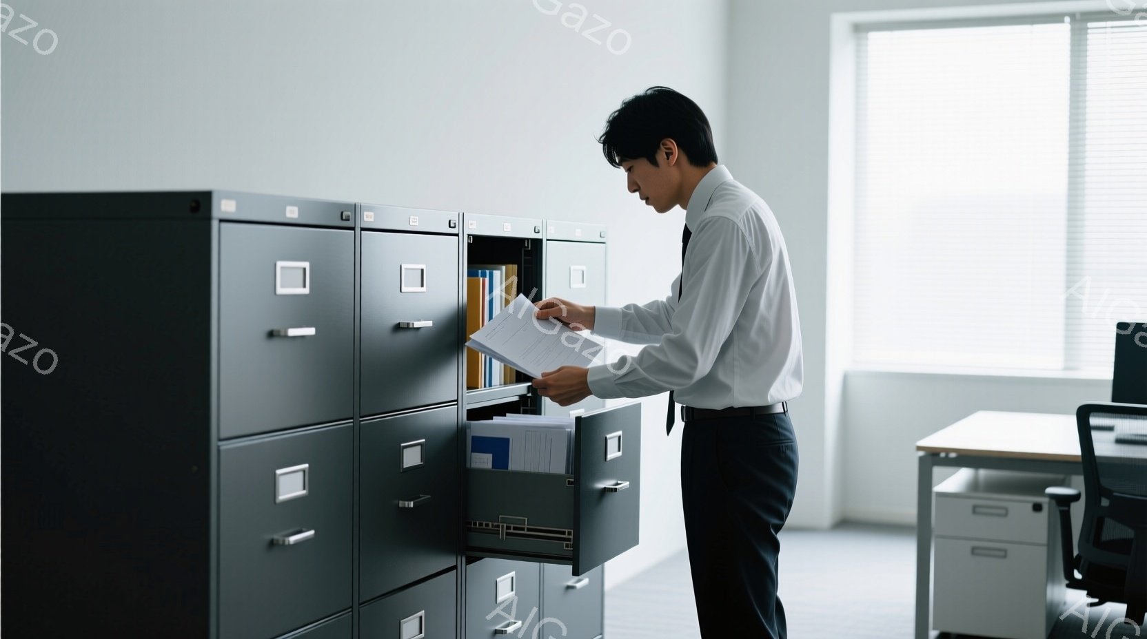 一人の男性が灰色のファイリングキャビネットの前で書類を探しています。彼は白いシャツと黒いズボンを着用し、短髪で真剣な表情をしています。背景にはオフィスの一角があり、シンプルなデスクと椅子が見え、全体的に落ち着いた雰囲気です。