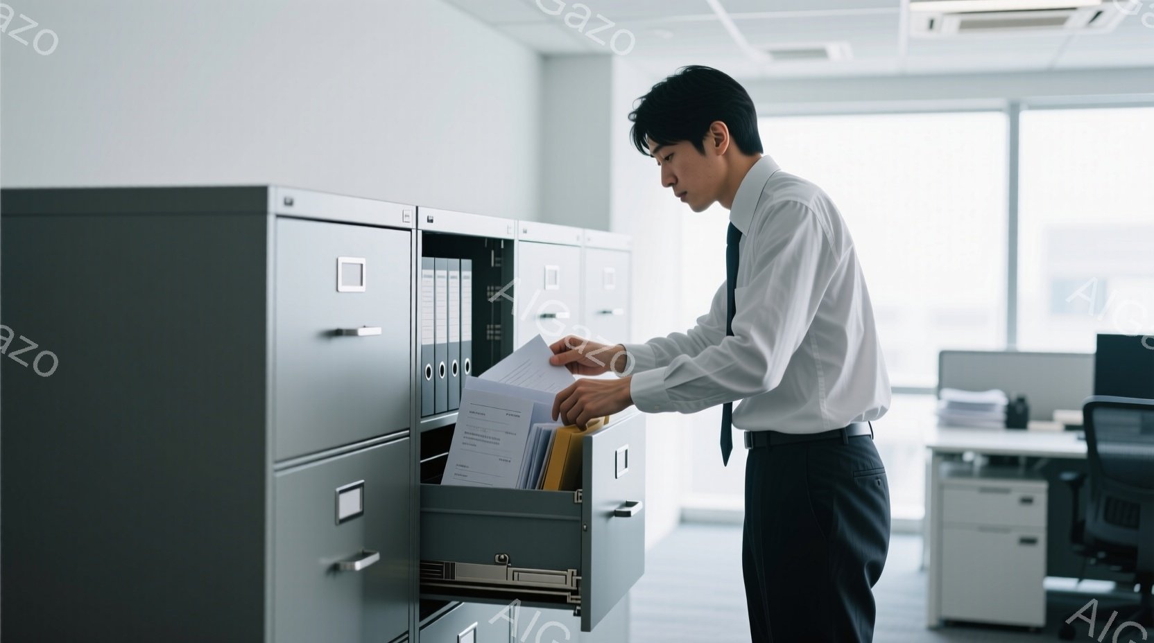 白いシャツに黒いズボンを着用した男性が、灰色のファイリングキャビネットから書類を取り出している。彼はやや前かがみの姿勢で、集中した表情で書類を手にしている。背景にはオフィス内の様子が見え、他のキャビネットや机が配置され、落ち着いた雰囲気の室内空間であることがわかる。