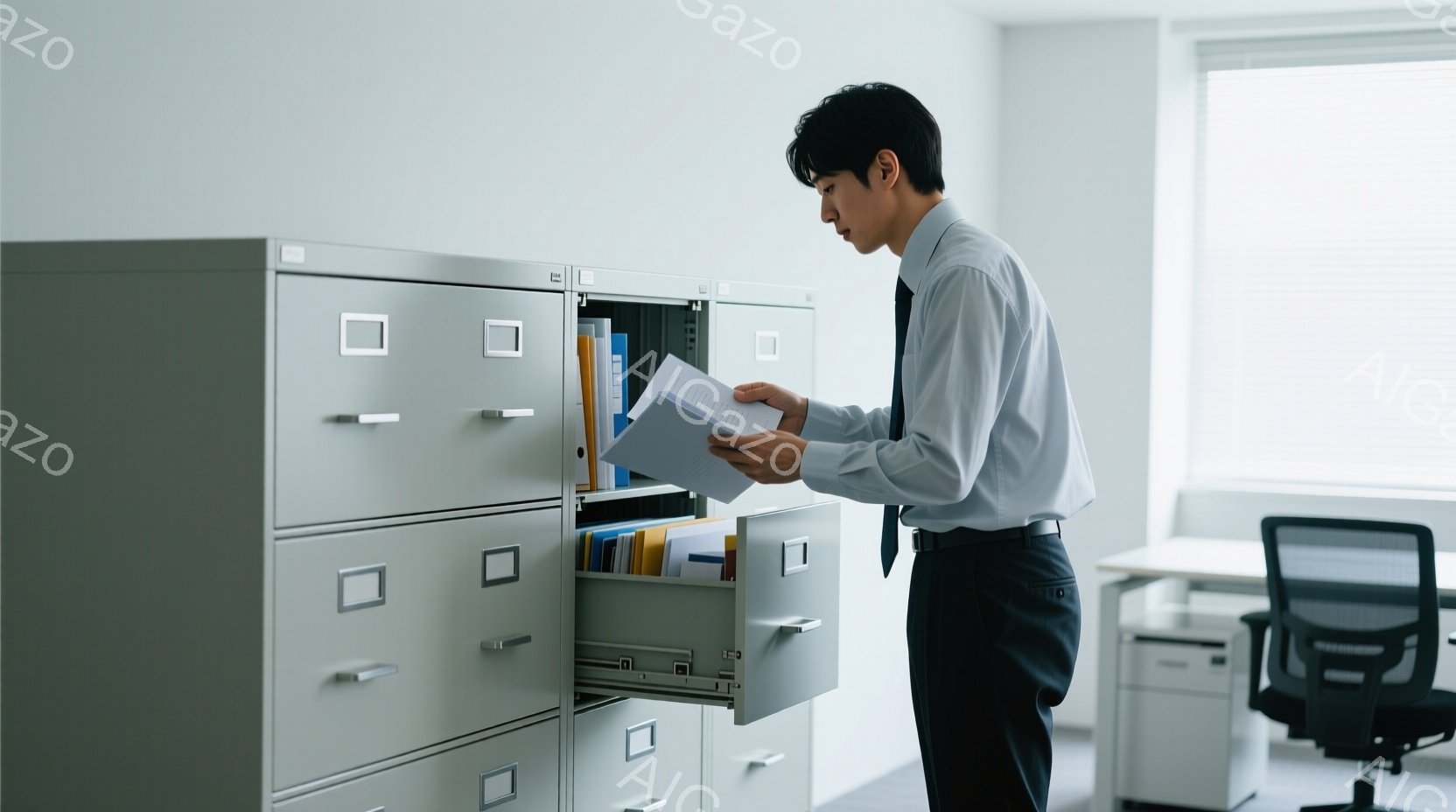 一人の男性がオフィスで金属製のファイリングキャビネットの引き出しを開け、書類を見ている。彼は白いシャツと濃い色のズボンを着用し、短髪で、やや真剣な表情をしている。背景には他のオフィス家具が見え、全体的に落ち着いた雰囲気で、オフィスでの仕事風景を表している。