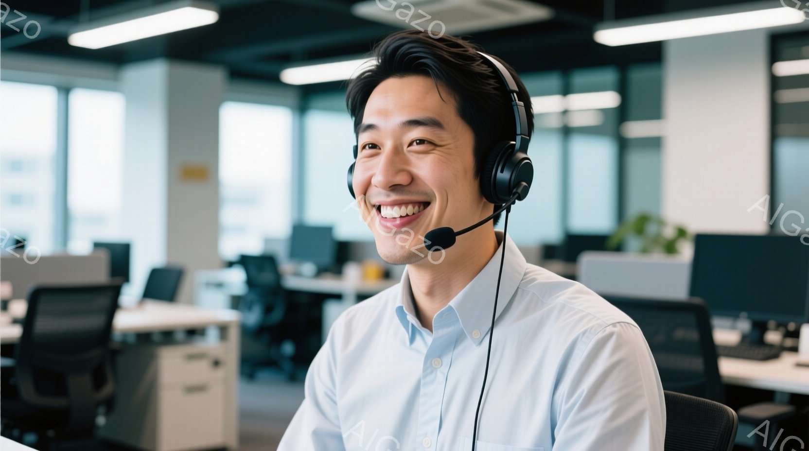 彼はブルーのシャツを着て、ヘッドセットを着用し、笑顔を見せています。姿勢は軽く前傾しており、どこか親しみやすい印象を与えます。背景はオフィスで、他のデスクやコンピューターが見え、全体的に明るく活気のある雰囲気です。