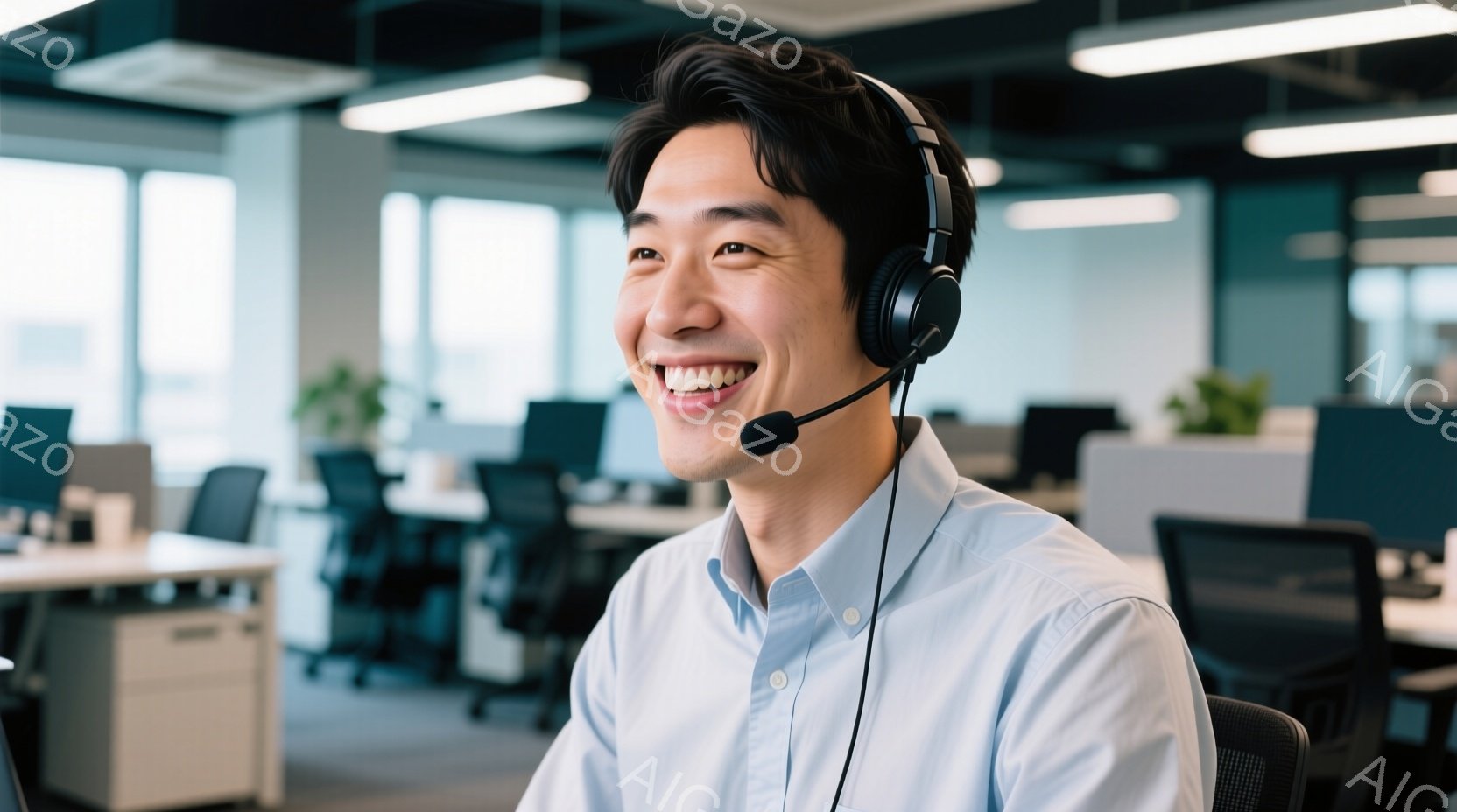 彼は青いシャツを着て、ヘッドセットを着用しており、笑顔で何かを楽しんでいる様子です。姿勢は良く、オフィスらしき背景にはたくさんのデスクと椅子が見えます。明るい照明と整然としたオフィス環境から、活気があ - AI生成フリー素材