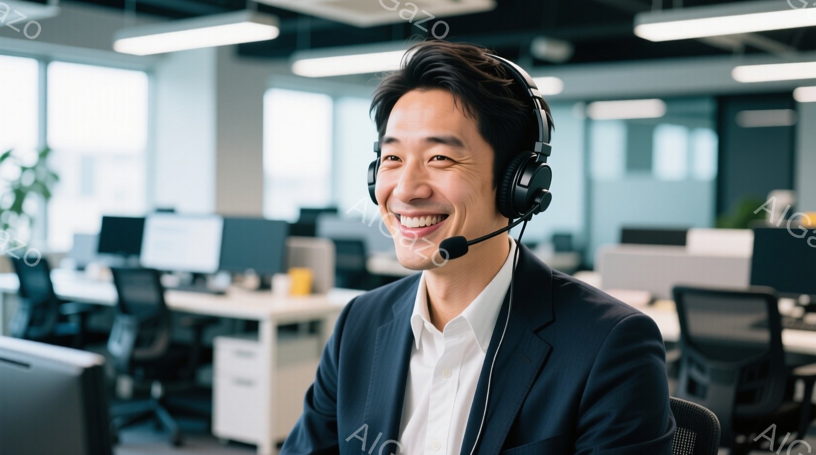 笑顔の男性がヘッドセットを装着し、ビジネスシーンで前に座っています。彼は紺色のスーツジャケットと白いシャツを着ており、髪型は短髪で整っています。背景にはオフィスがあり、多くのデスクと椅子が並び、明るく - AI生成フリー素材
