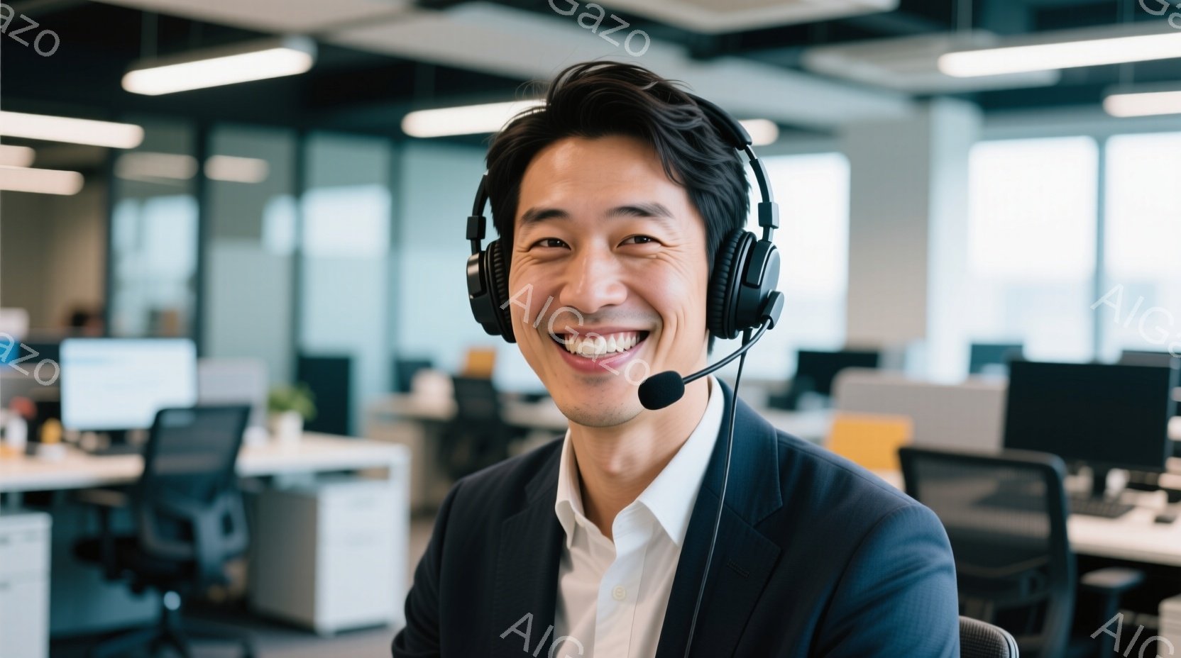 この男性は、白いシャツに濃い青色のジャケットを着用し、ヘッドセットをつけて笑顔でカメラを見ています。彼はオフィスで座っており、背景には他のオフィスワーカーとデスクが見えます。全体的に、明るくプロフェッショナルな雰囲気で、顧客対応やサポートをしている様子が伺えます。