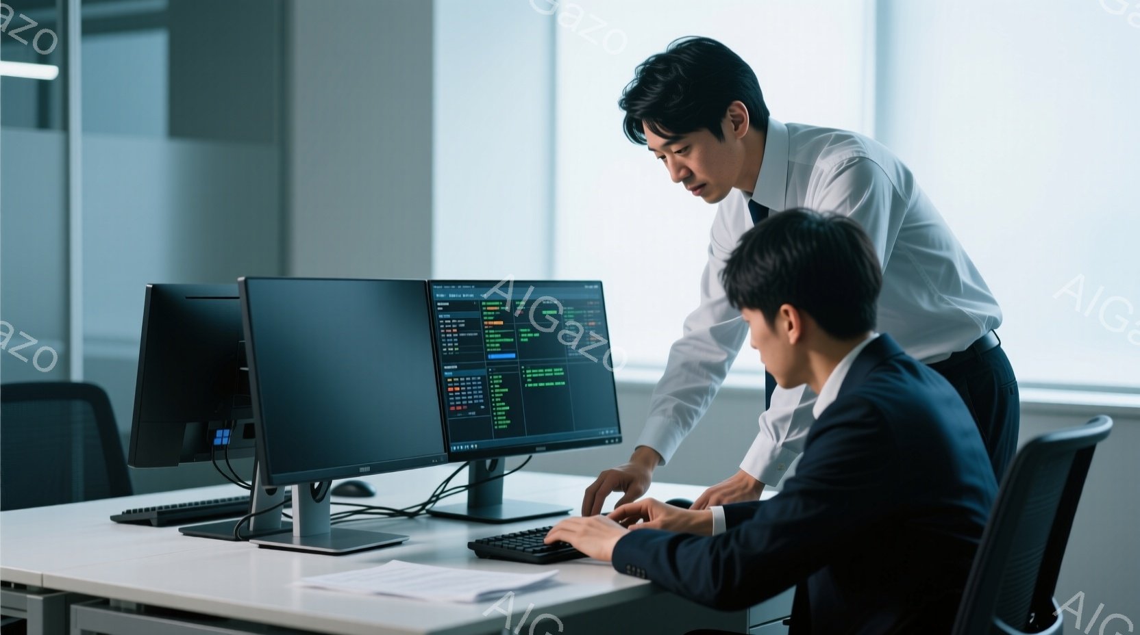 画面にはコードが表示されたコンピューターが2台並んでおり、スーツを着た2人の男性がそれを見ている。一人は白シャツを着ており、キーボードを操作しているもう一人を指で示しながら立っている。室内は明るく、オ - AI生成フリー素材
