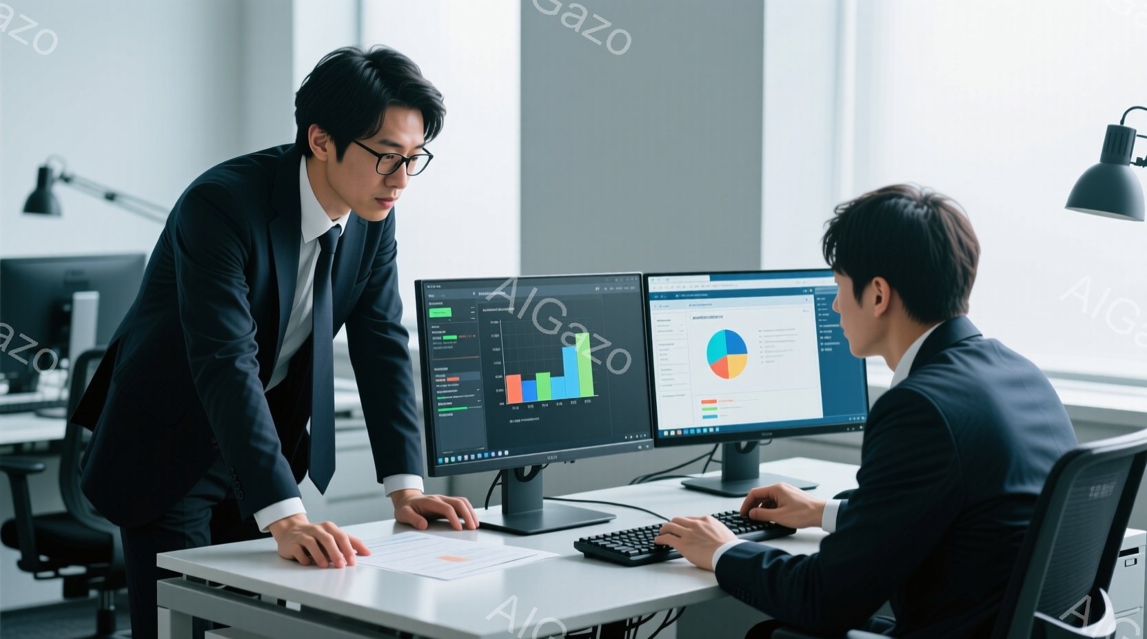 2人の男性がオフィスでパソコンに向かっています。片方は黒いスーツにネクタイを締め、モニターを指差しながら何かを説明しているようで、真剣な表情をしています。もう一人は同じく黒いスーツで、キーボードを操作 - AI生成フリー素材