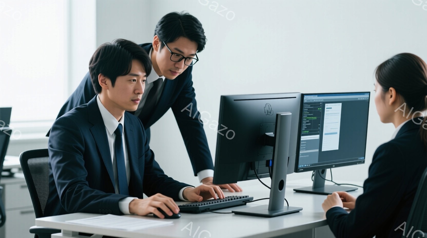 紺色のスーツにネクタイを締めた男性が、パソコンに向かってキーボードを操作しており、別の女性もパソコンに向かっています。男性は少し身を乗り出し、画面を指差しながら何かを説明しているようで、女性は画面をじ - AI生成フリー素材