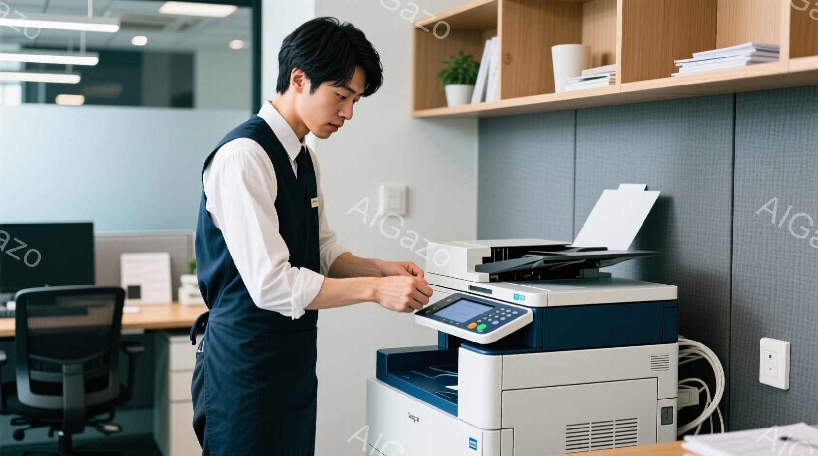 黒髪で短髪の男性が、オフィスでコピー機を操作している。白いシャツに黒いエプロンを着用し、真剣な表情で操作パネルを見ている。背景にはオフィス家具や棚があり、清潔感のある明るい雰囲気である。