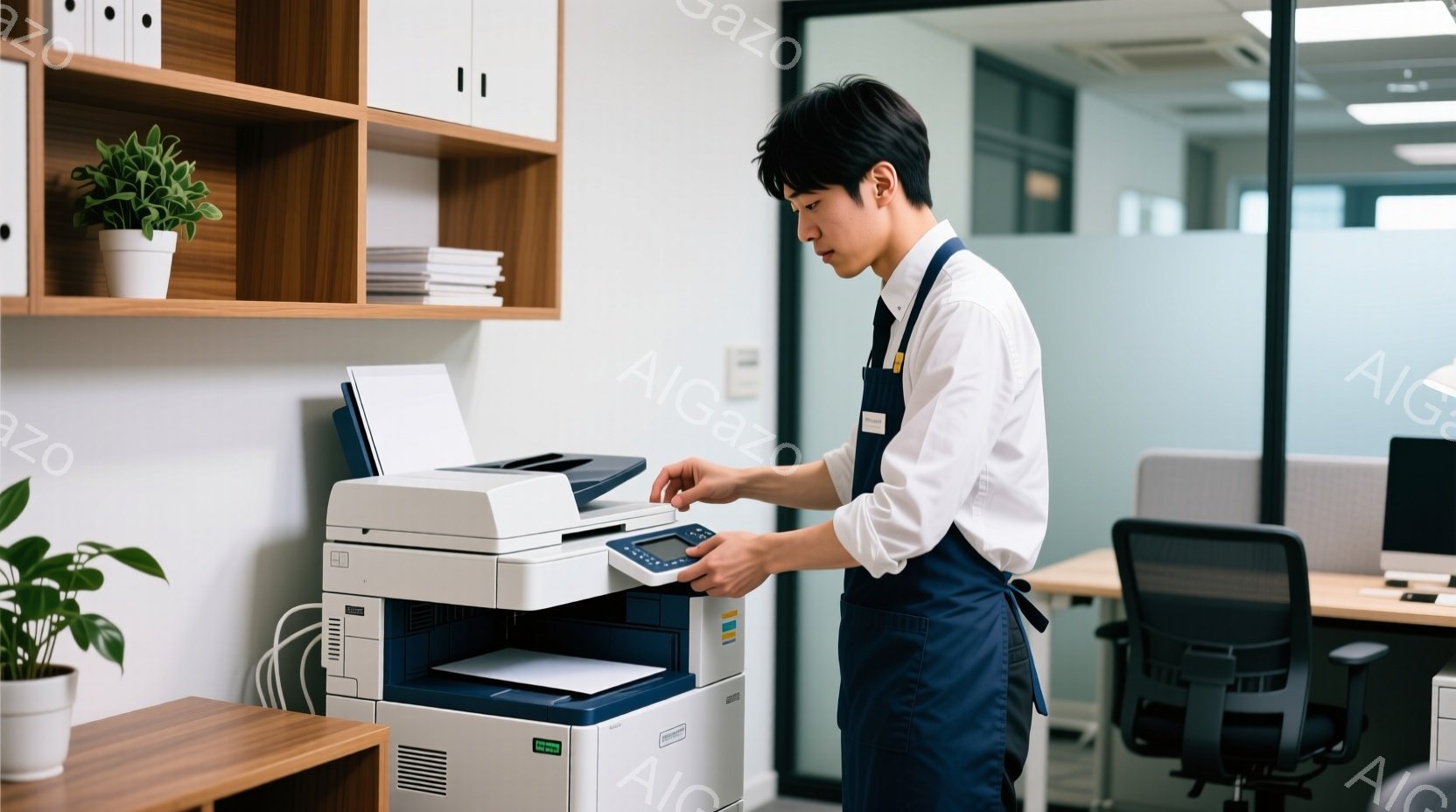 紺色のエプロンを着用した男性が、オフィスのコピー機の前で操作している様子が写っている。彼は白シャツにネクタイをし、髪は短く整えられている。背景には木製の棚とオフィスチェアが見え、室内は明るく清潔な雰囲気が漂っている。