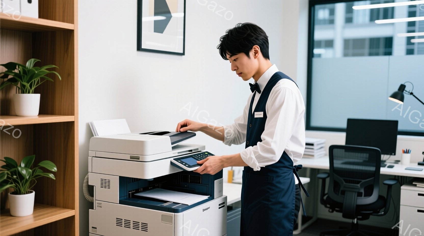 紺色のベストと白いシャツを着た男性が、オフィスでコピー機を使用している様子が写っている。彼は黒髪で、真剣な表情でコピー機の操作パネルを見つめている。背景には白い収納棚とオフィスチェア、窓から見える都市 - AI生成フリー素材