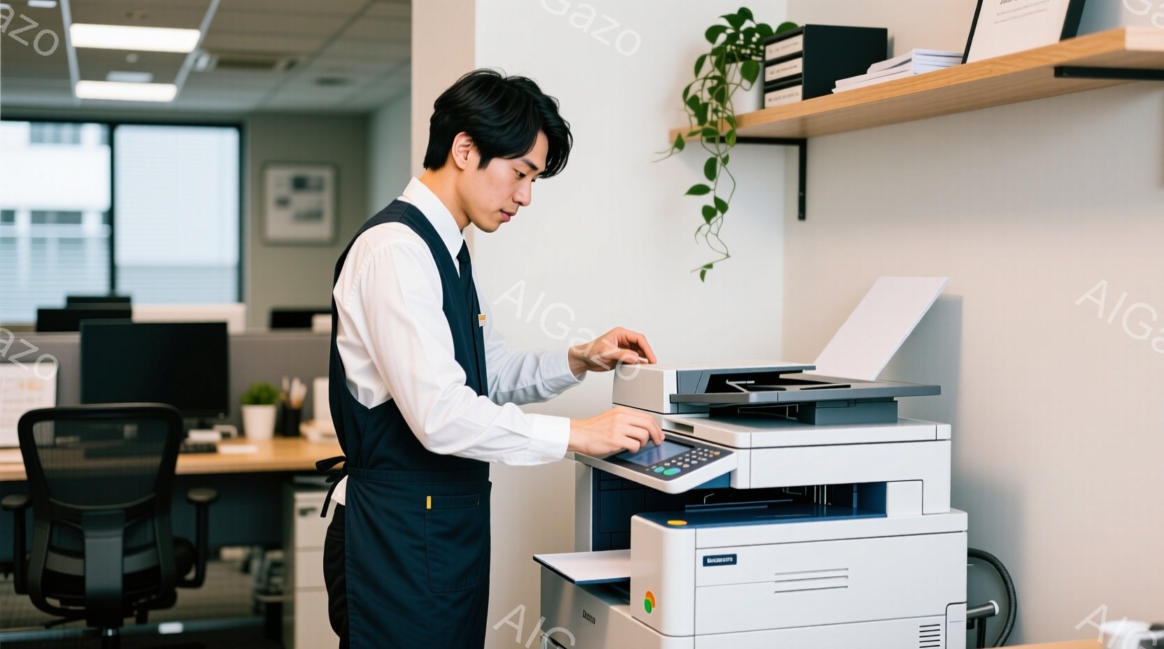 紺色のベストと白いシャツを着た男性が、オフィスでコピー機を操作している様子が写っている。彼は黒髪で、やや前かがみの姿勢でコピー機の操作パネルを見つめている。背景には、机や椅子、植物が見え、オフィス内は明るく清潔な印象を与える。