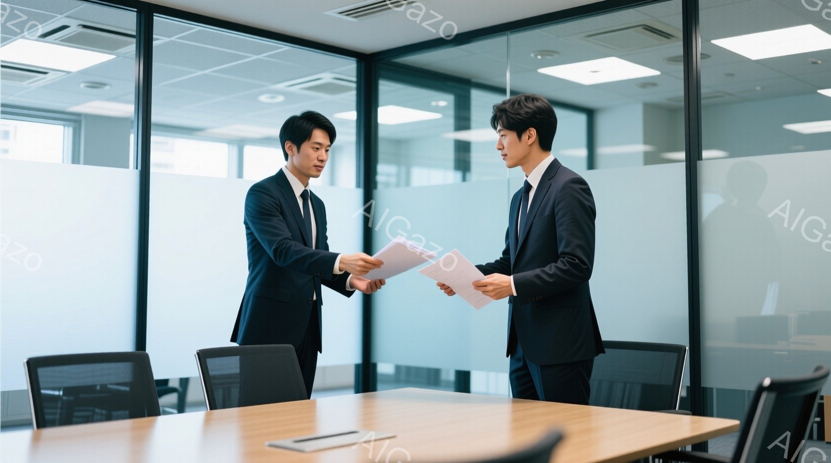 二人のビジネスマンが、明るい会議室で書類を交換している様子が写っている。彼らはダークスーツを着ており、髪型は短髪で整えられている。背景には大きな窓があり、室内は明るく、洗練された雰囲気を醸し出している。