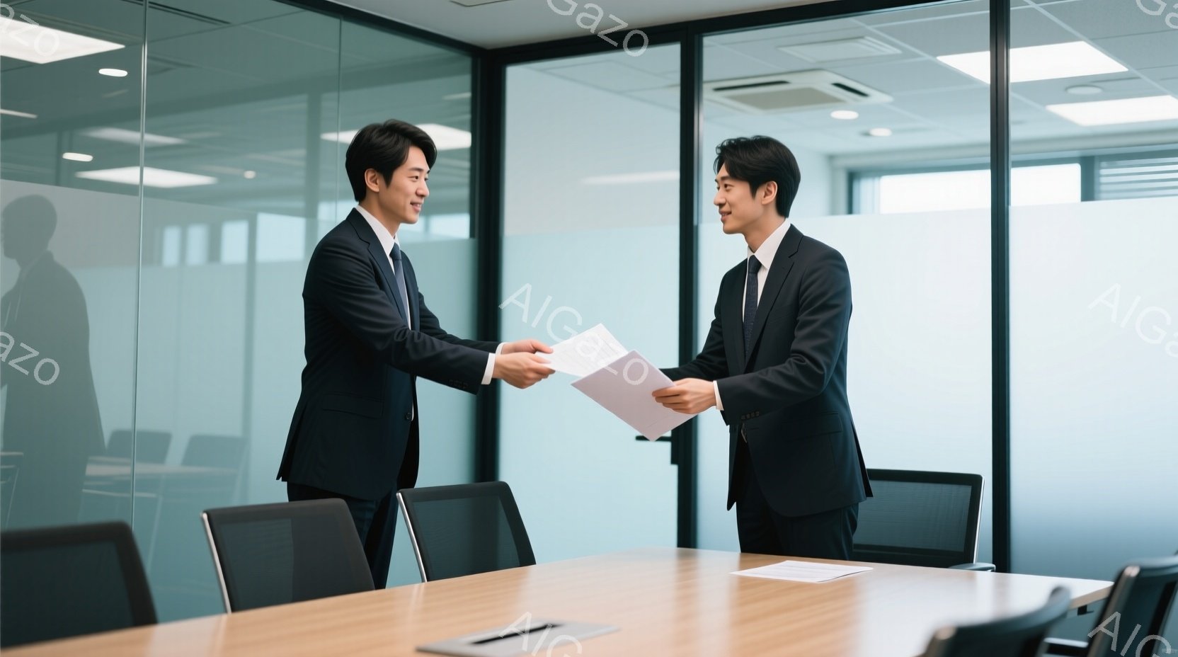 二人のビジネスマンが、明るいオフィスで握手をしています。彼らはそれぞれ黒いスーツとネクタイを着用し、整髪されており、友好的な表情を浮かべています。背景には、会議テーブルと椅子、そしてガラス張りの壁があ - AI生成フリー素材
