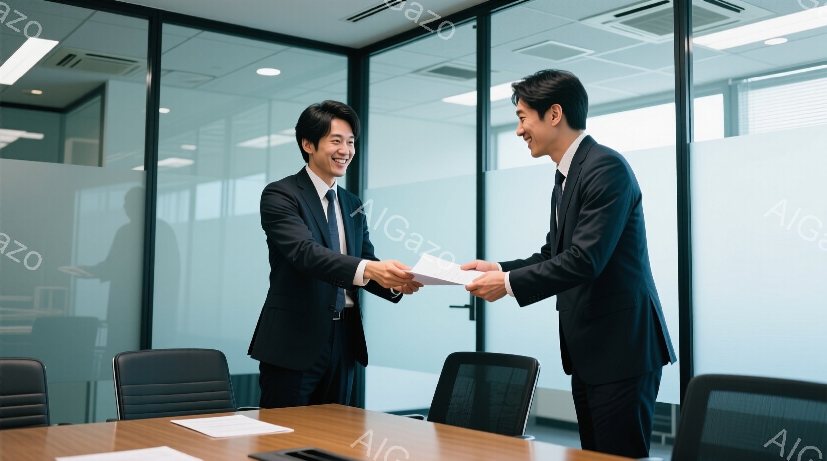 二人のビジネスマンが、明るいオフィスで握手をしており、一人が書類を渡している様子が写っている。二人は黒いスーツにネクタイ姿で、笑顔を浮かべ、相手の目を見ており、友好的な雰囲気が漂っている。背景には木製のテーブルと黒い椅子が並び、ガラス張りの壁があり、清潔でモダンなオフィス空間が広がっている。