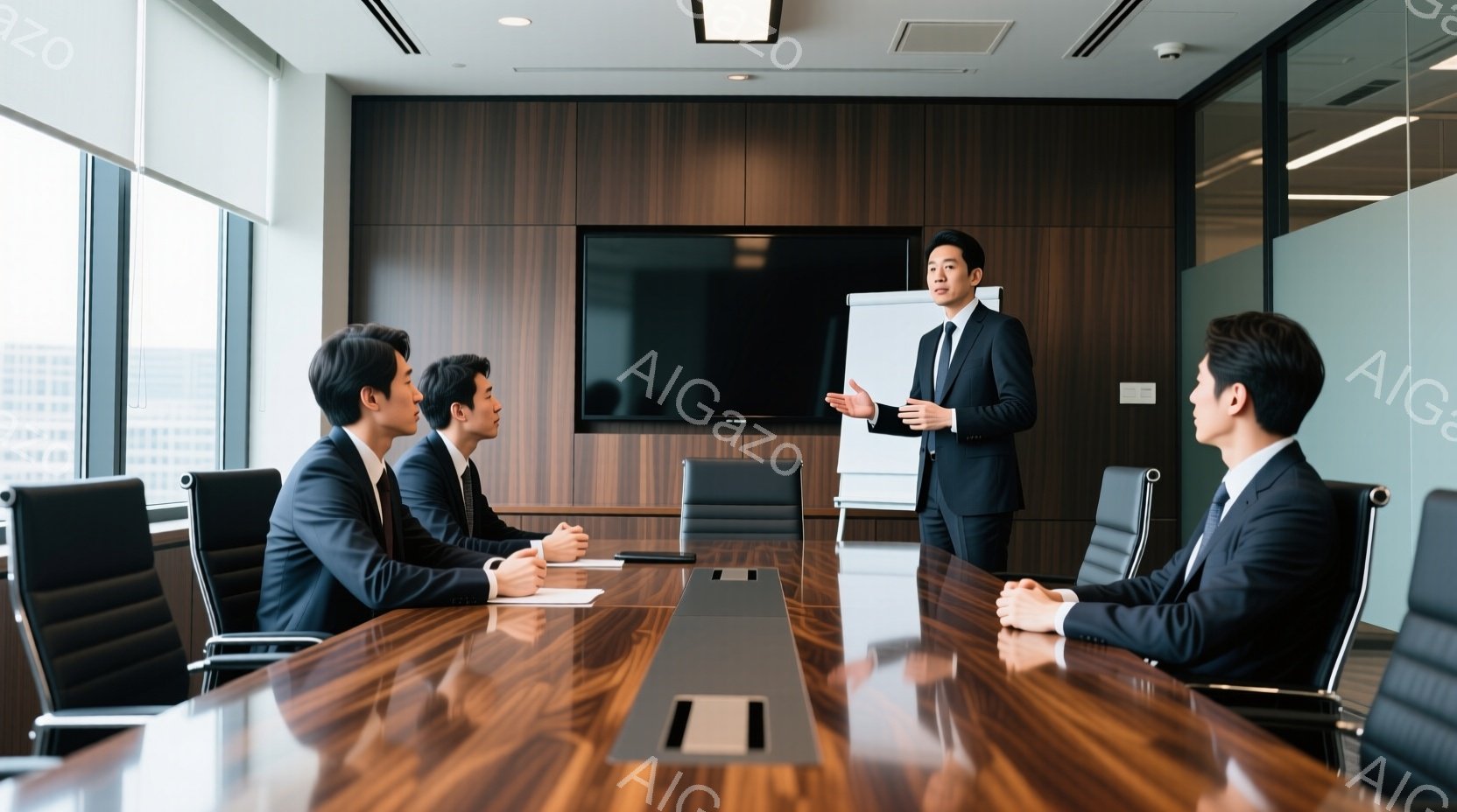 会議室でビジネスマンたちが集まっており、一人がプレゼンテーションをしている。全員が黒いスーツを着ており、髪型は短く整えられている。背景には高層ビルが見え、晴れた日の様子がうかがえる。 - AI生成フリー素材