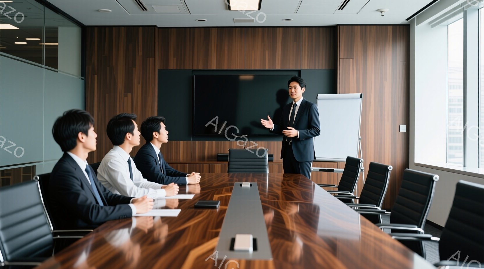 会議室で、黒いスーツを着た男性がプレゼンテーションをしている。彼は片手を広げ、熱心に話している様子で、他の3人の男性はスーツ姿で彼に向かって座り、注意深く聞いている。背景には大きな窓があり、近代的なビ - AI生成フリー素材
