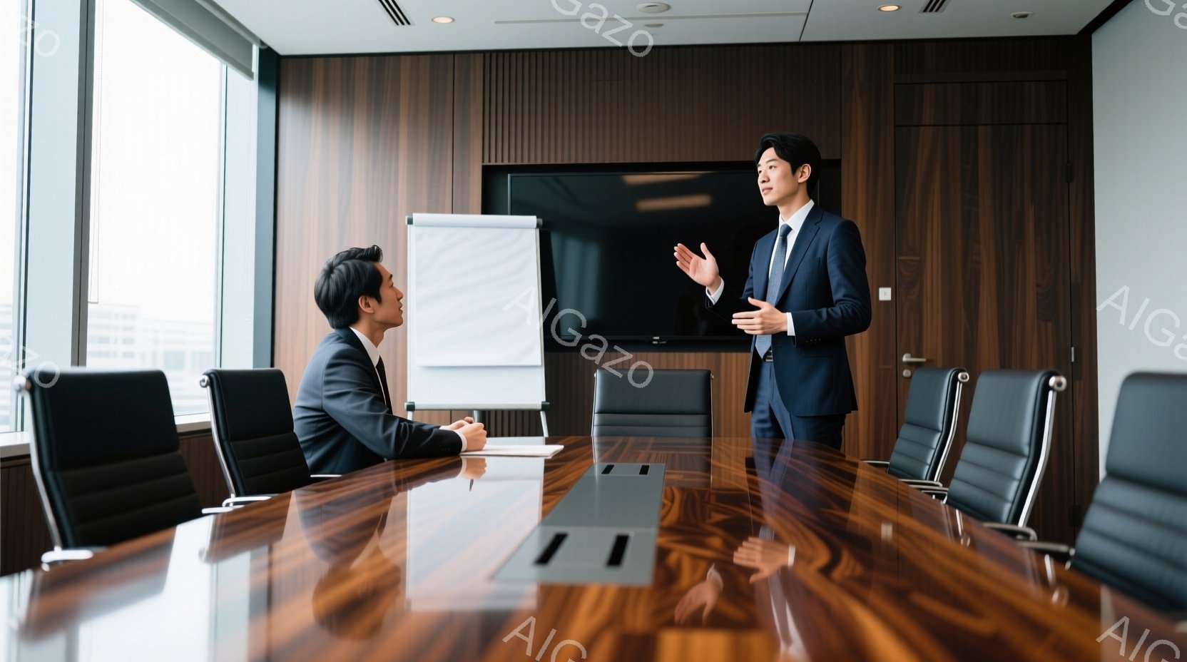 会議室で、一人の男性が立って何か説明をしている様子が伺えます。彼は紺色のスーツにネクタイを締め、髪は短く整えられています。背景には大きな窓があり、曇り空と高層ビル群が見え、部屋全体は落ち着いた雰囲気で、ビジネスシーンを連想させます。