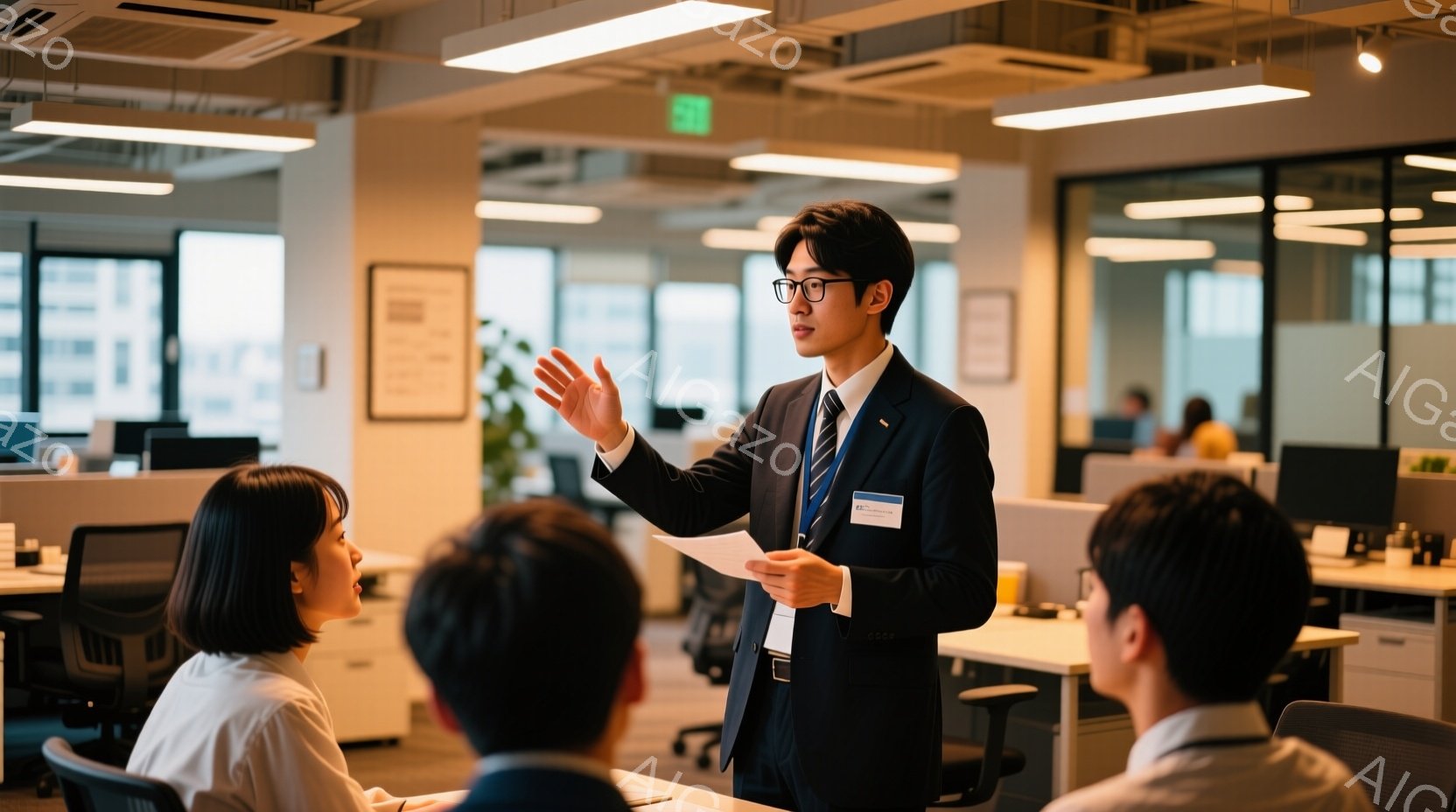 紺色のスーツを着た男性が、書類を手にしながら何人かの同僚に向かって説明している様子が写っている。彼は眼鏡をかけ、髪を短く整え、真剣な表情で身振り手振りを交えながら話している。背景はオフィスで、他の社員がデスクワークをしているのが見え、明るく開放的な雰囲気が漂っている。