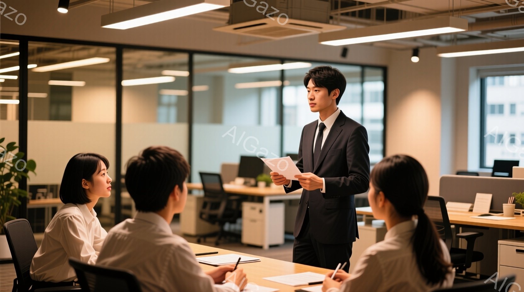 スーツを着た男性が書類を手に、オフィス内の会議室で３人の女性に対してプレゼンテーションをしている様子が写っている。女性たちはテーブルを囲み、メモを取りながら男性の話に耳を傾けている。背景には、オフィス - AI生成フリー素材