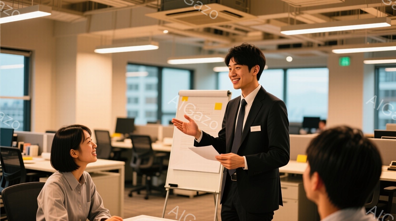 一人の男性が黒いスーツとネクタイを着て、ホワイトボードの前に立って何かを説明している様子が写っている。彼は笑顔で、身振り手振りを交えながらプレゼンテーションをしているようだ。背景にはオフィス内のデスクや人々が見え、明るく開放的な雰囲気が漂っている。