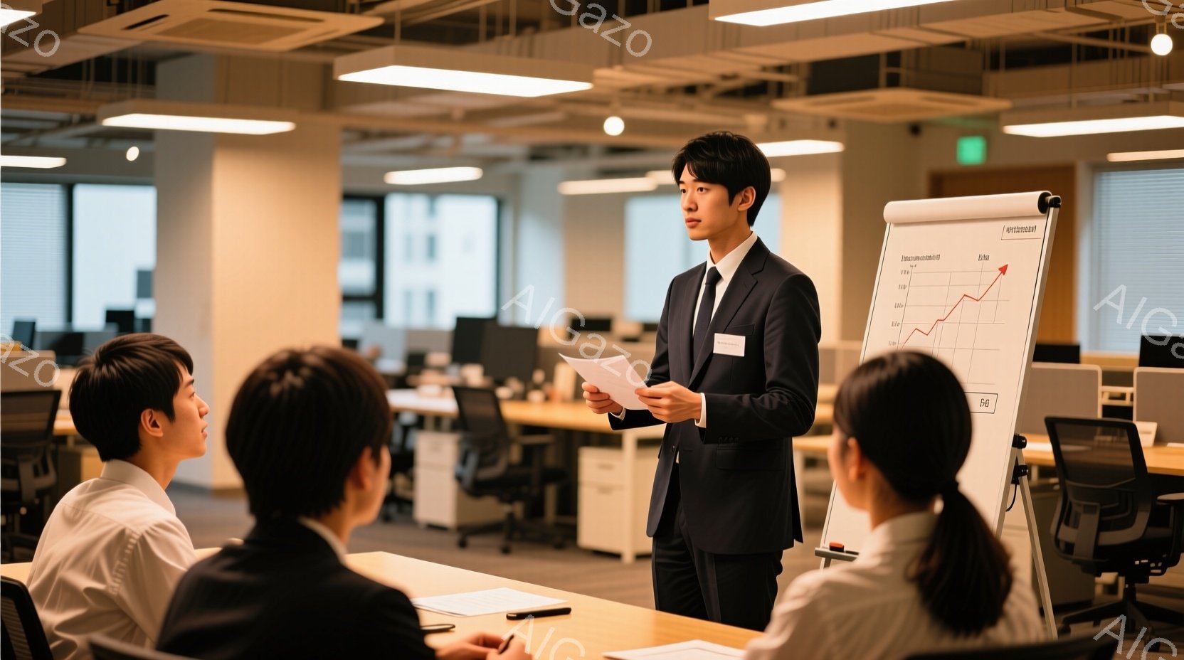 若い男性がプレゼンテーションを行っており、スーツを着て髪型は短く整えられています。彼は書類を手に、自信に満ちた表情で聴衆を見つめています。背景にはオフィス空間が広がり、他の数人のビジネスマンがテーブルを囲んで彼を見守っています。