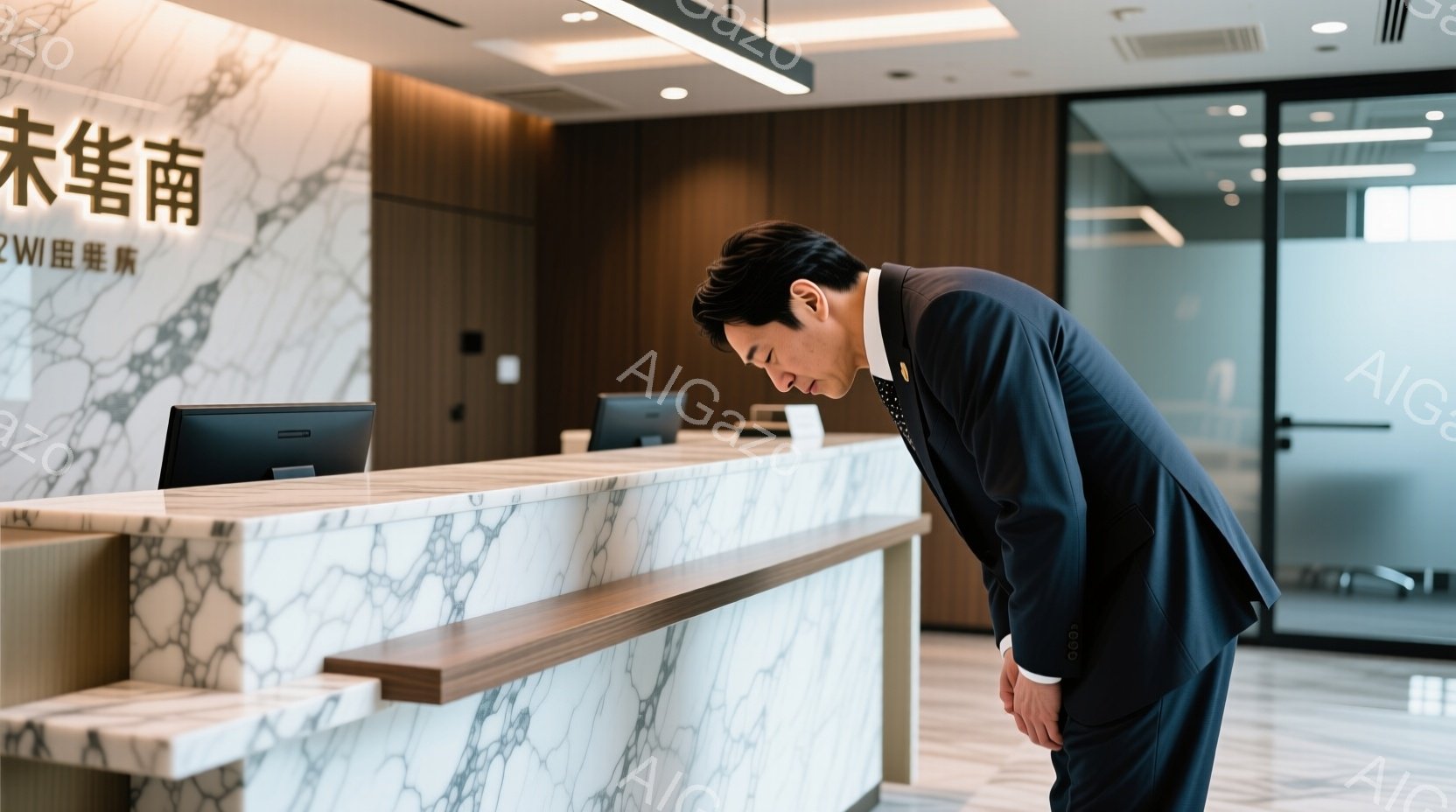 スーツを着た男性が受付カウンターの前で深くお辞儀をしています。彼は黒髪で、フォーマルな服装をしており、敬意を表す姿勢を見せています。背景には明るいオフィス空間があり、受付カウンターは白とグレーの大理石調のデザインで、モダンで洗練された雰囲気です。