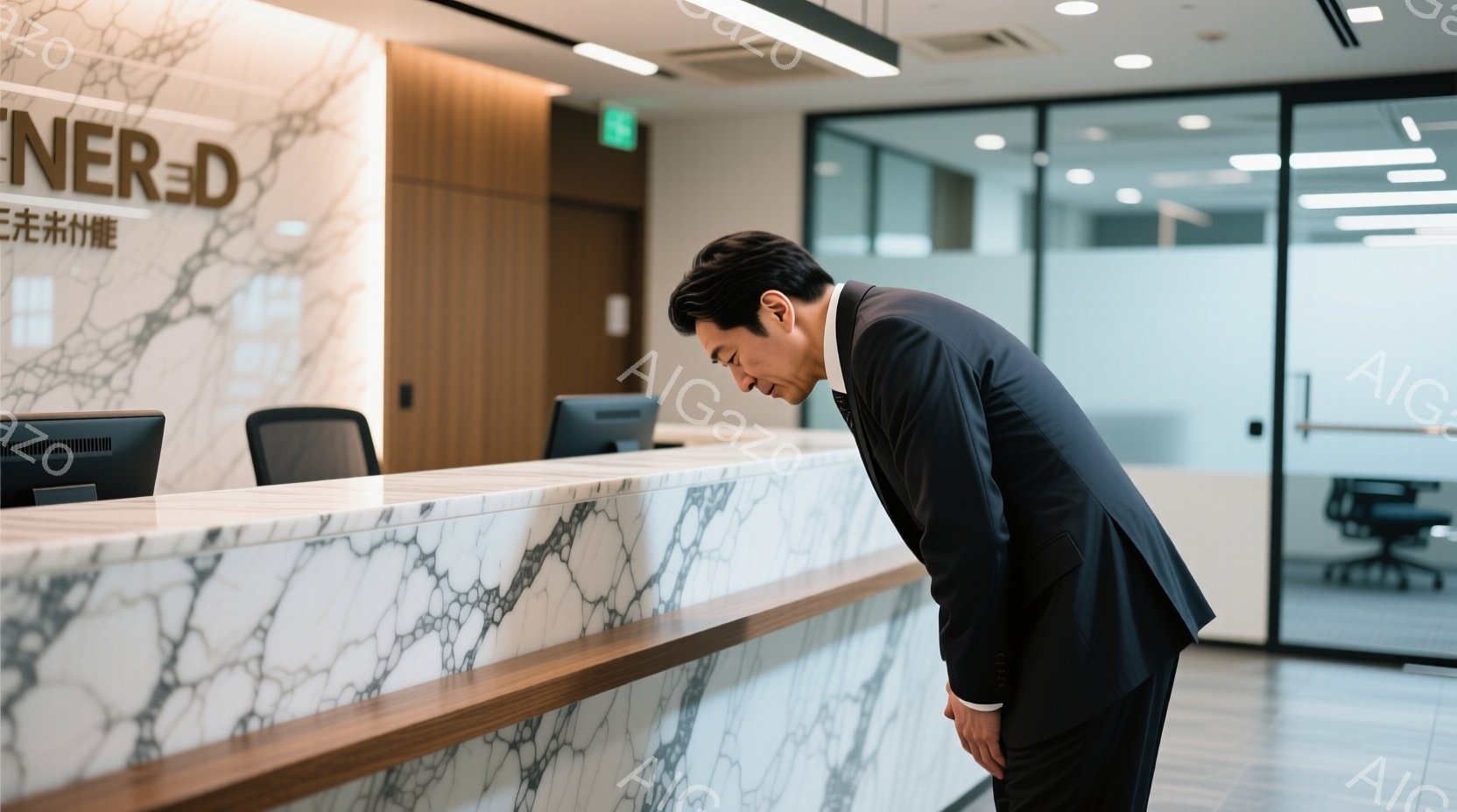 スーツ姿の男性が受付カウンターに深く頭を下げています。彼は黒髪で、姿勢は非常に丁寧で敬意を表しているように見えます。背景には白い大理石調のカウンターとオフィス空間が広がり、清潔でモダンな印象を与えています。