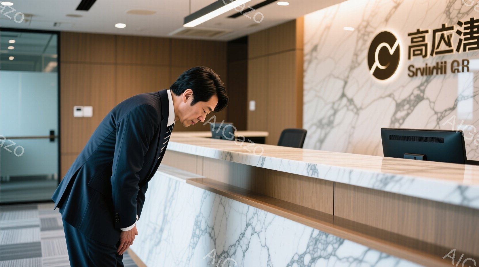 黒いスーツにネクタイを締めた男性が、白い大理石のような受付カウンターの前で深々とお辞儀をしています。彼の髪型は短く、前髪が少し垂れています。背景には、グレーの壁とモダンなデザインの床があり、全体的に落 - AI生成フリー素材