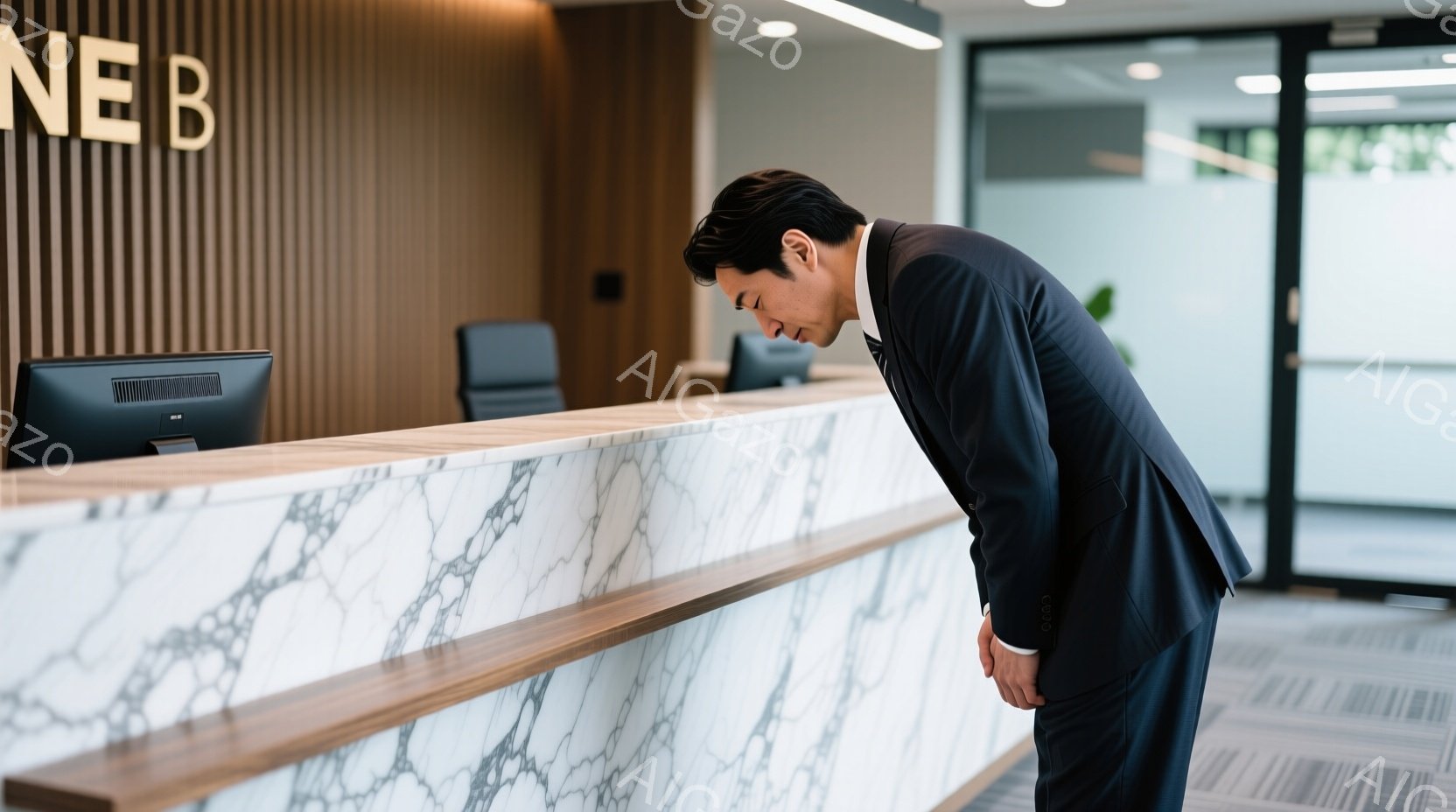スーツを着た男性が、大理石の受付カウンターの前で深くお辞儀をしています。彼は黒髪で、前かがみの姿勢から控えめで敬意を払っている様子が伺えます。背景にはモダンな内装の建物と窓から見える緑があり、全体的に落ち着いた雰囲気です。