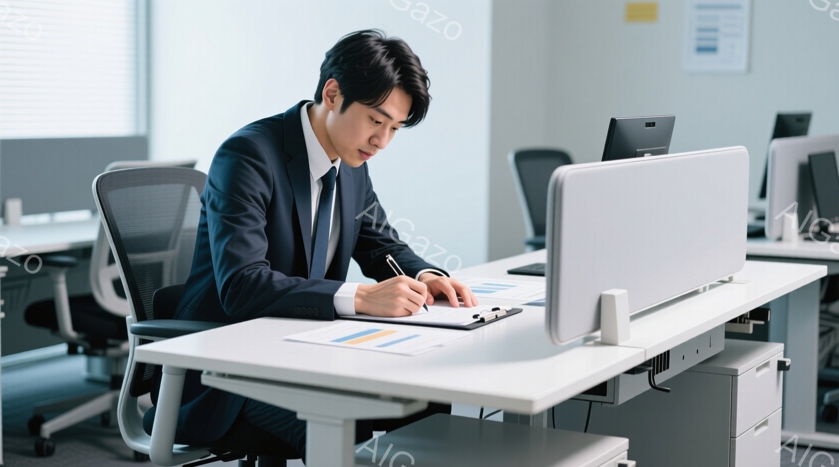 スーツを着た男性がオフィスでクリップボードに書き込んでいる。彼は黒髪で、前かがみの姿勢で集中して作業に取り組んでいる。背景には他のオフィスデスクが見え、全体的に清潔でプロフェッショナルな雰囲気が漂っている。