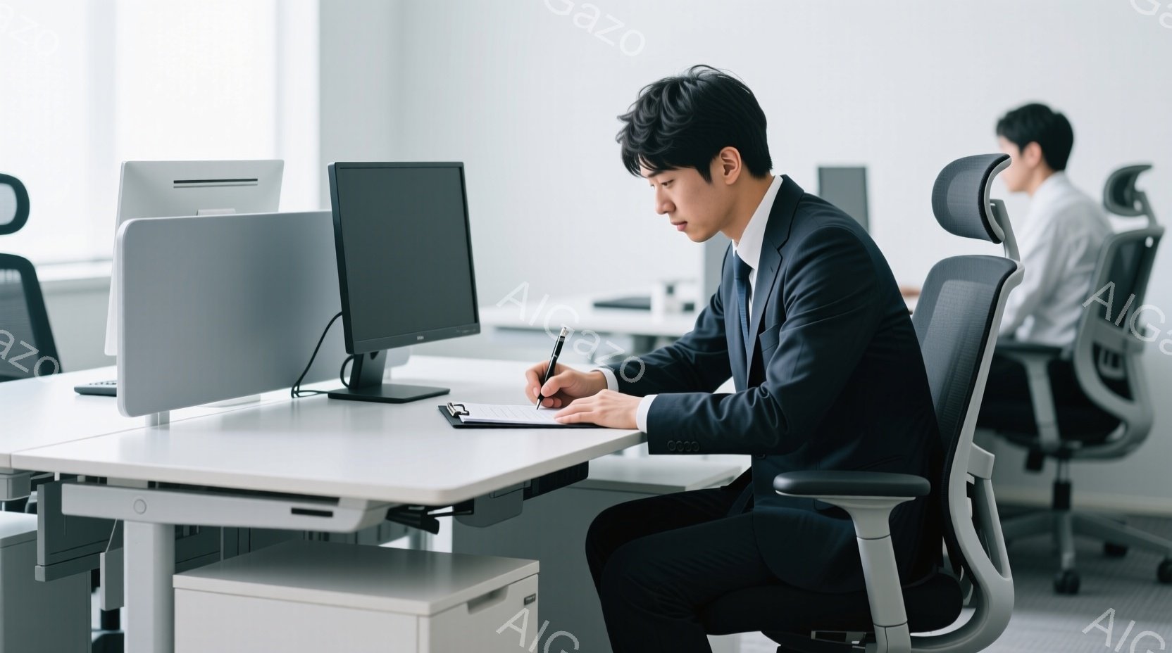 紺色のスーツを着た男性がオフィスで机に向かって何かを書き込んでいます。彼は少し前かがみの姿勢で、クリップボードにペンで記入しており、集中した表情をしています。背景には他のオフィスワーカーの姿が見え、全体的に落ち着いた、プロフェッショナルな雰囲気が漂っています。