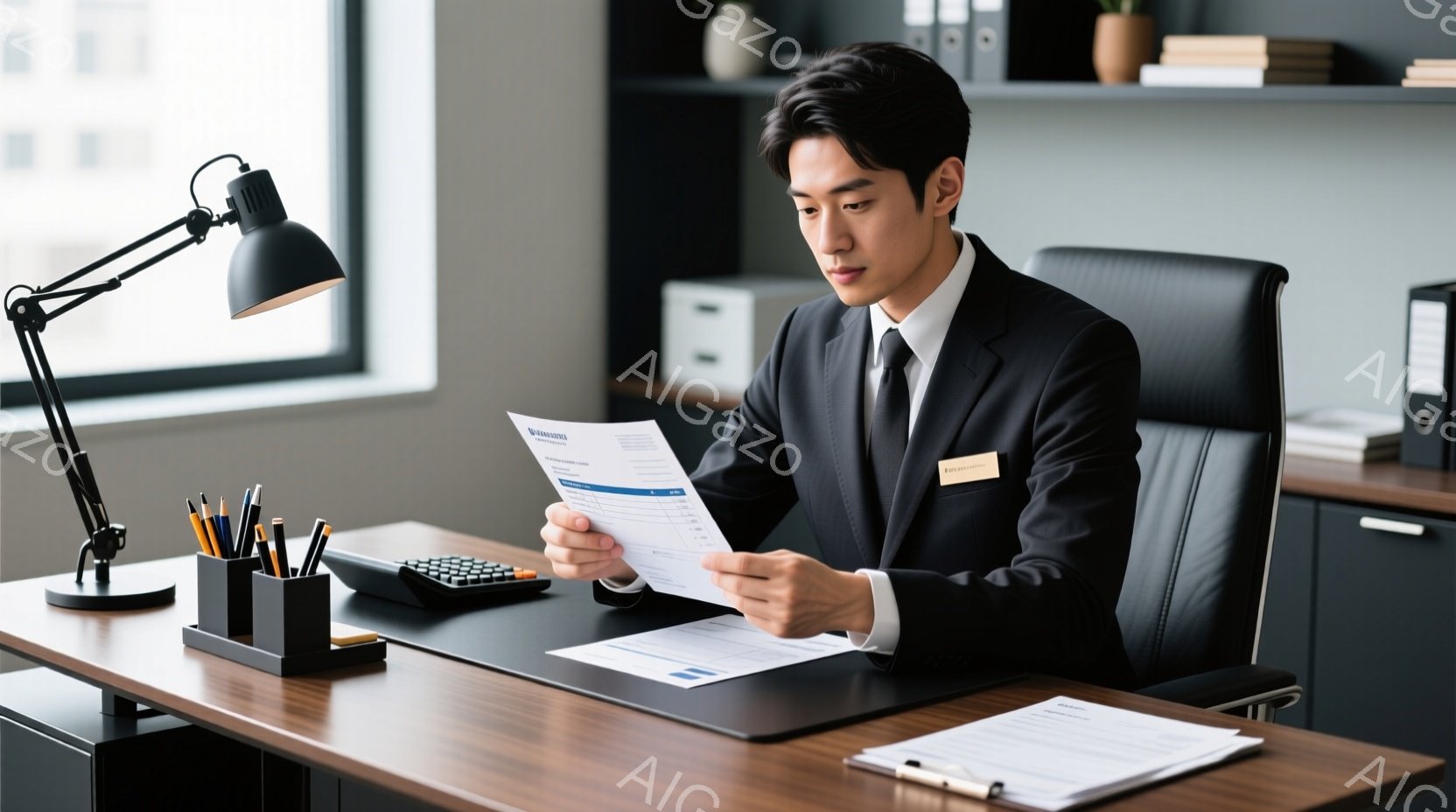 彼は黒いスーツとネクタイを着用し、整髪された髪で、書類を真剣な表情で読んでいます。机の上には電卓やペン立てがあり、オフィス環境を示しています。背景にはキャビネットが見え、全体的にプロフェッショナルで落ち着いた雰囲気です。