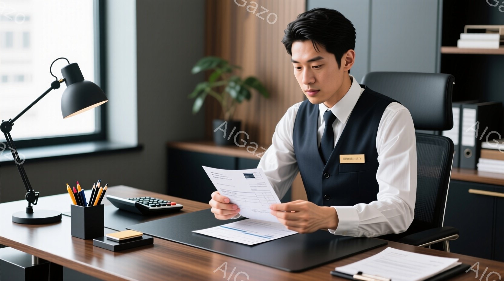 紺色のベストと白いシャツ、黒いネクタイを着用した男性が、木の机に向かって書類を読んでいます。彼は真剣な表情で書類を見つめ、姿勢は正しく、集中している様子が伺えます。背景には、観葉植物や書類が整理された - AI生成フリー素材