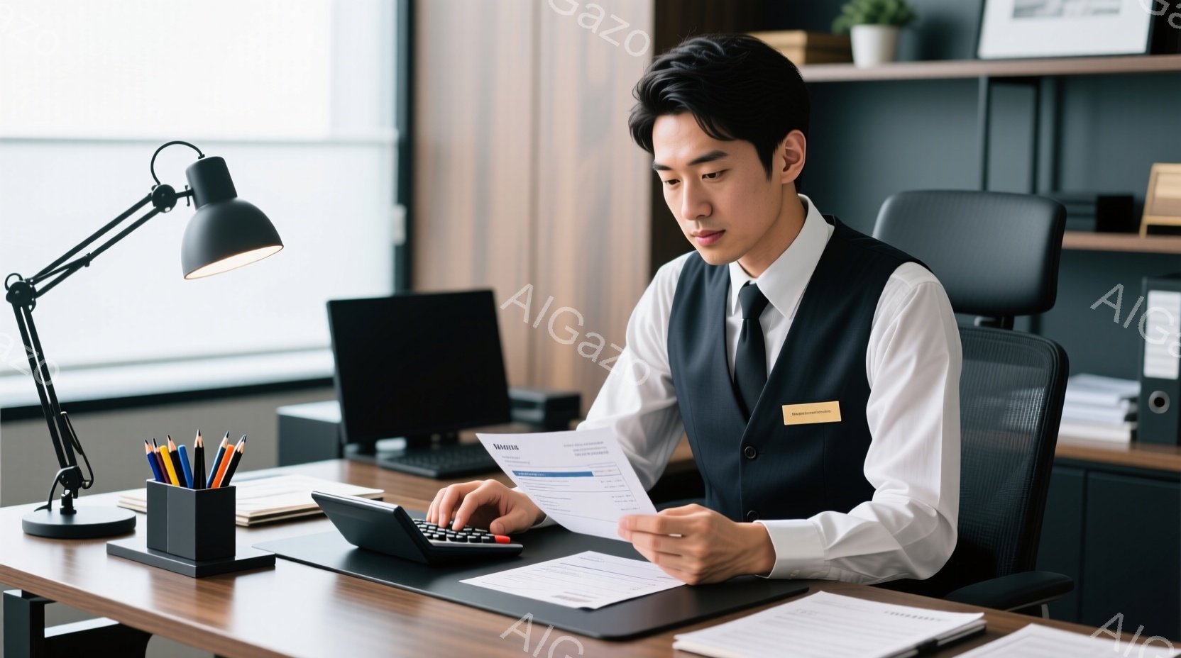 若い男性がオフィスで計算機を操作しながら書類を確認しています。彼は白いシャツに黒いベスト、ネクタイ姿で、真剣な表情をしています。背景にはパソコンや書類が整理整頓されており、落ち着いた雰囲気のオフィス空間です。