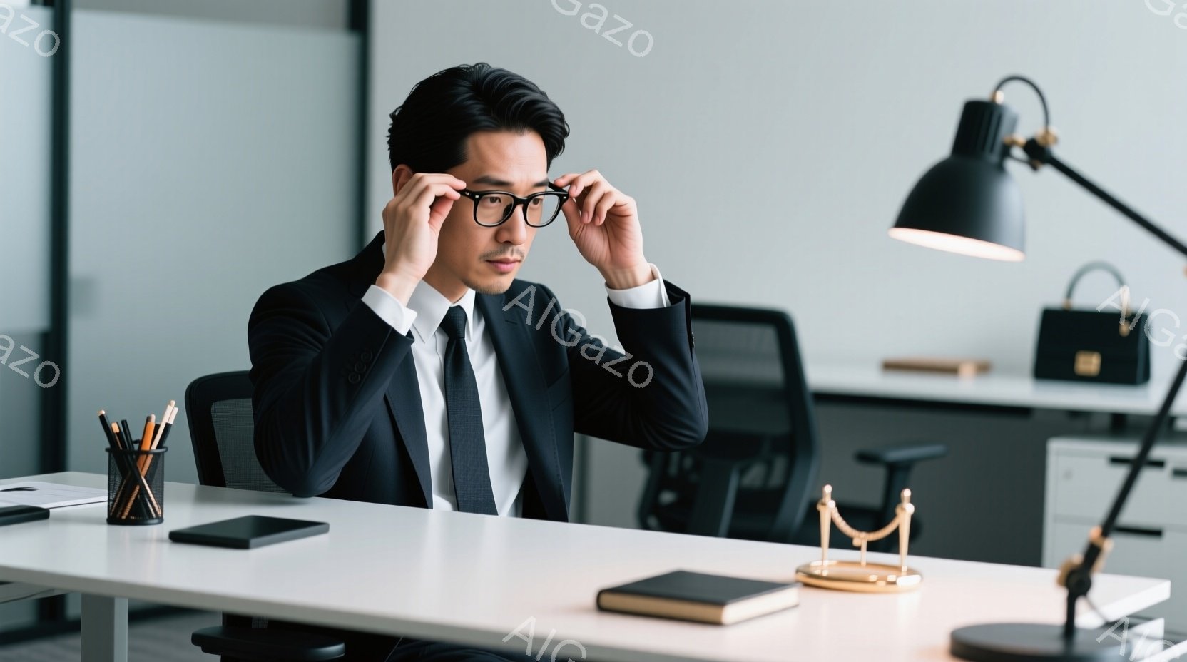 黒いスーツとネクタイを着用した男性が、オフィスで眼鏡をかけている。彼は椅子に座り、わずかに前かがみになり、真剣な表情をしている。背景には、シンプルなオフィスのインテリアと、机の上にある書類や文房具、装 - AI生成フリー素材