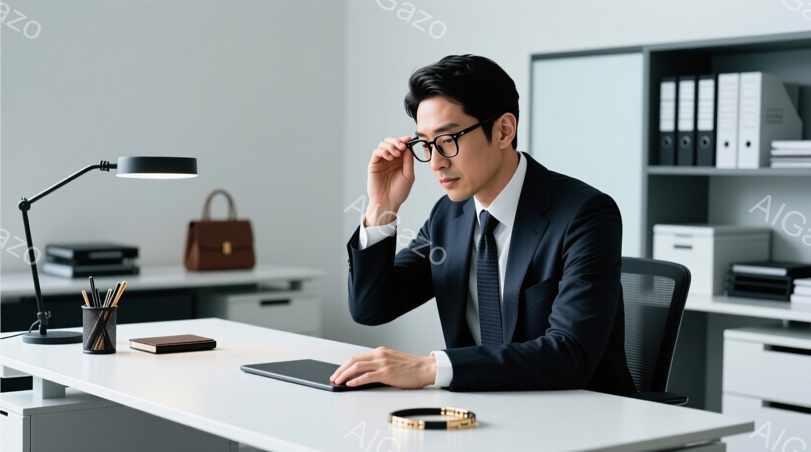 スーツを着た男性がオフィスでデスクに向かっている。彼は黒縁のメガネをかけ、少し考え込んでいるような表情をしている。背景には書類棚と茶色のハンドバッグが見え、全体的に落ち着いた雰囲気である。