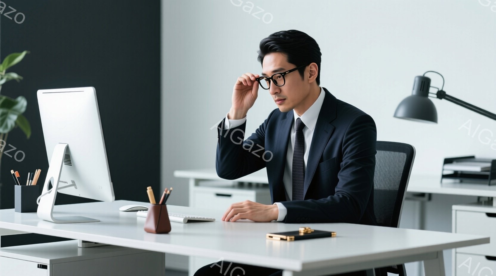 紺色のスーツと白いシャツ、黒いネクタイを身につけた男性が、オフィスでコンピューターに向かっています。彼は椅子に座り、少し前かがみの姿勢で、集中した表情でキーボードを操作しています。背景には白いデスクや - AI生成フリー素材