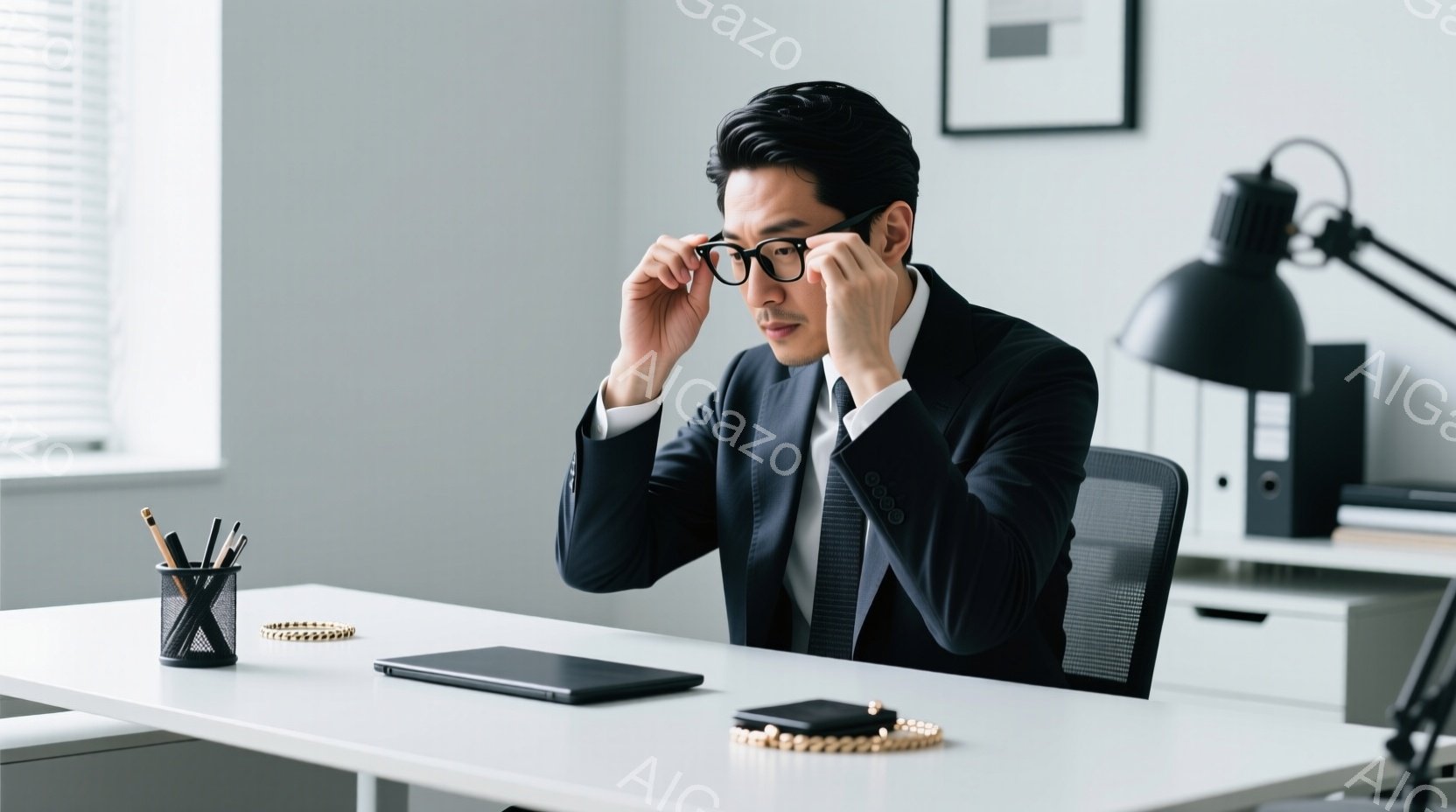 黒いスーツとネクタイを着用した男性が、オフィスらしき場所で椅子に座り、眼鏡をかけている。彼は真剣な表情で、何かを注意深く見ているか、考え込んでいる様子だ。背景にはシンプルなデスクと書類、そして間接照明があり、落ち着いた雰囲気を作り出している。