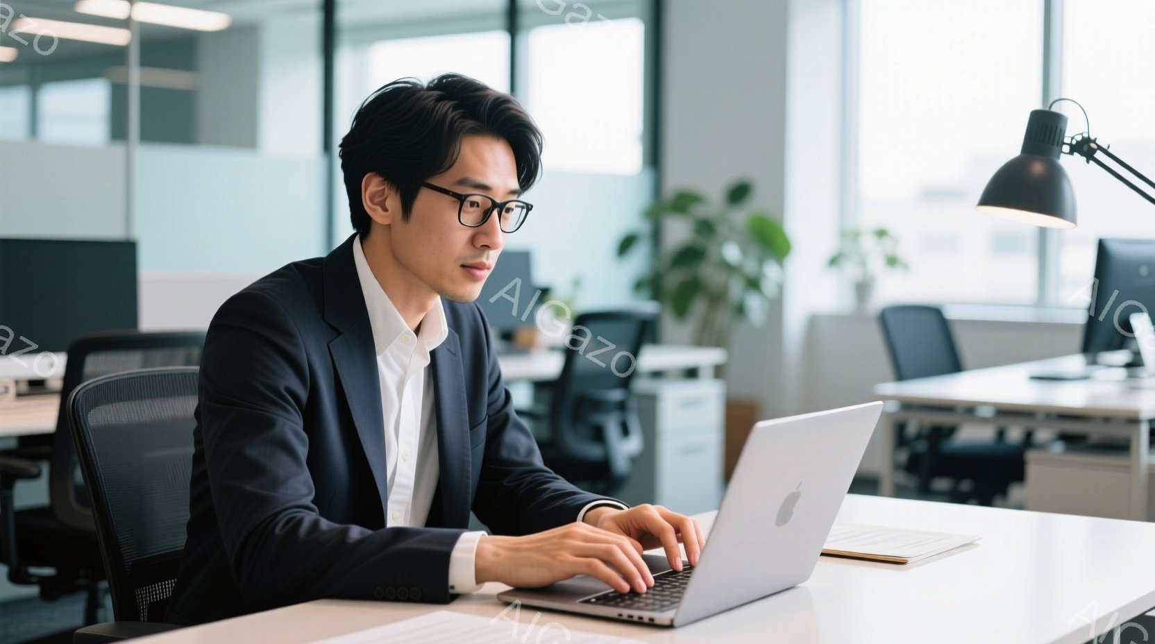 スーツと白いシャツを着た男性が、オフィスでノートパソコンを操作している。彼は黒縁メガネをかけ、真剣な表情でキーボードを見つめている。背景には他のデスクやオフィス家具が見え、明るい自然光が差し込み、洗練 - AI生成フリー素材