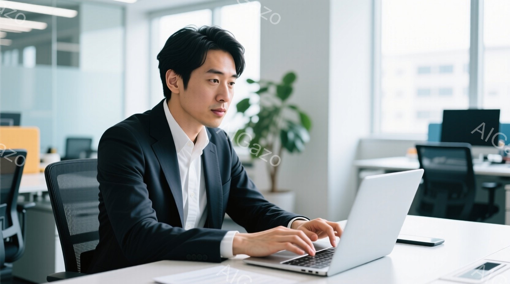 スーツ姿の男性がノートパソコンに向かってタイピングしている。彼は黒いジャケット、白いシャツを着用し、短く整えられた髪型をしている。オフィス内には他の机や椅子が見え、背景には植物が置かれ、全体的に落ち着 - AI生成フリー素材